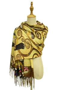 Klimt 'Tree of Life' Detail Print Wool Tassel Scarf