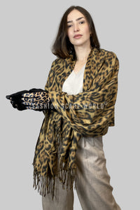 Luxe Leopard Print Wool Tassel Scarf