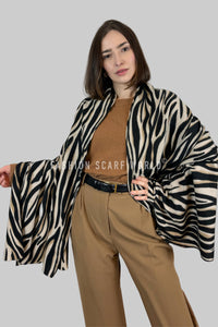 Soft Zebra Print Frayed Wool Scarf / Shawl