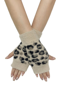 Soft Leopard Print Fingerless Wool Wrist Warmer Gloves