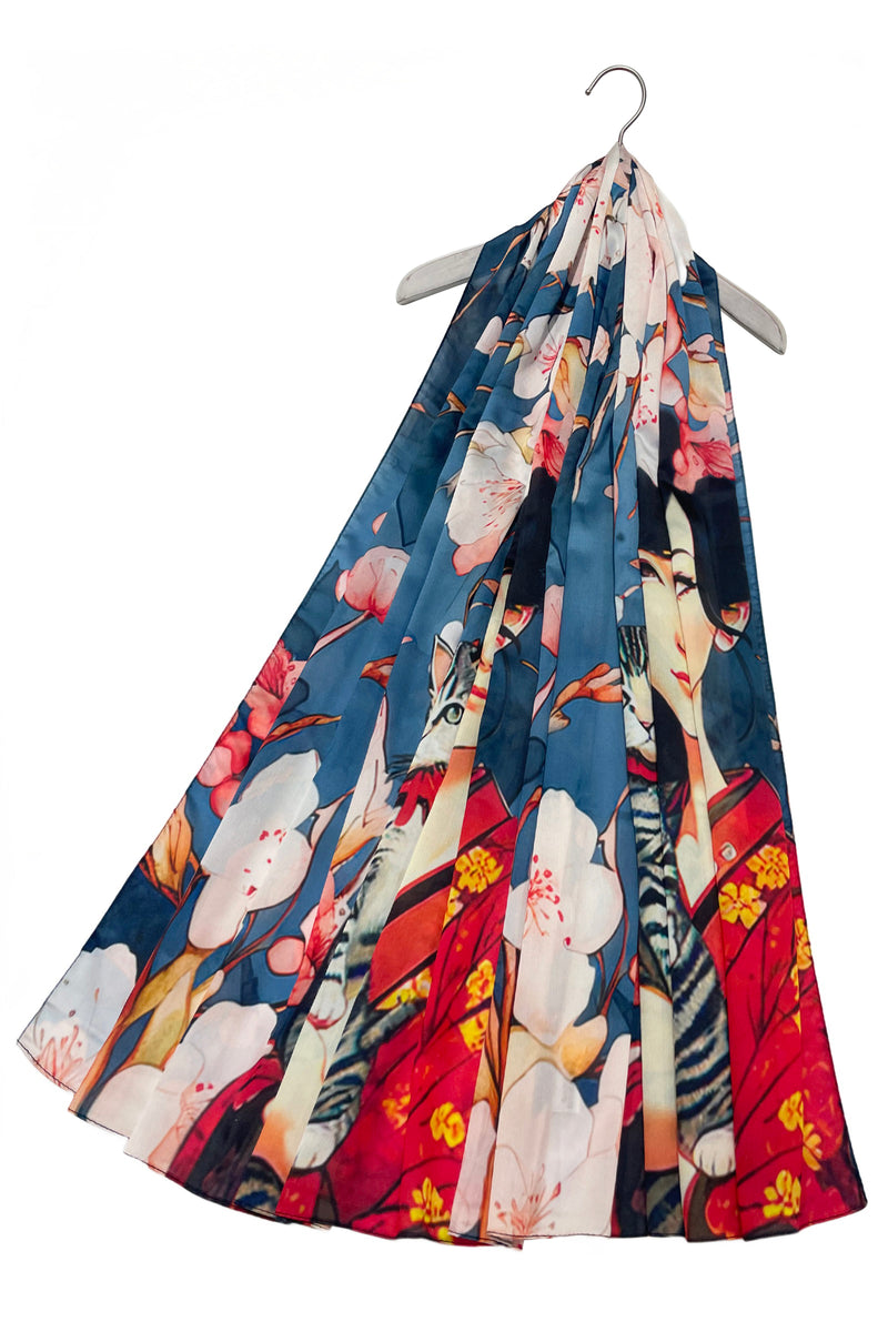 Japanese Lady & Cat With Cherry Blossom Print Silk Scarf– Fashion Scarf ...