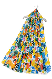 Bright Illustrated Summer Floral Frayed Scarf