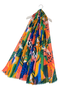 Colourful Leaves Print Frayed Scarf
