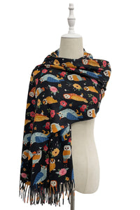 Owl & Floral Wool Tassel Scarf