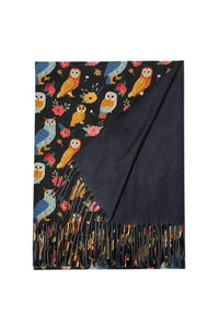 Owl & Floral Wool Tassel Scarf