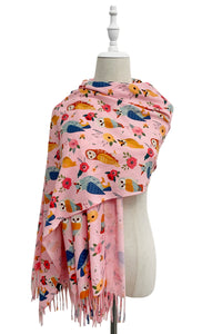 Owl & Floral Wool Tassel Scarf