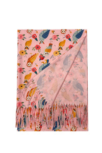 Owl & Floral Wool Tassel Scarf