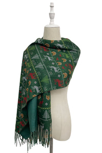 Christmas Pixel Fox & Reindeer Wool Tassel Scarf