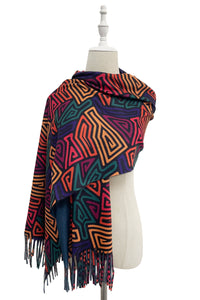 Colourful Geo Swirl Wool Tassel Scarf