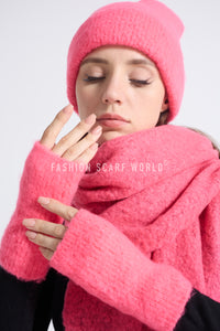 Plain Boucle Wool Scarf, Hat & Glove Set