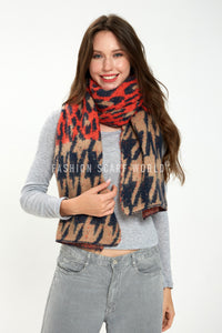 Leopard & Houndstooth Print Diagonal Edge Wool Scarf