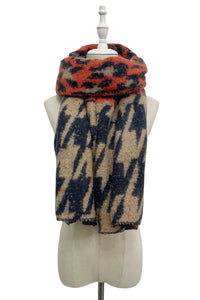 Leopard & Houndstooth Print Diagonal Edge Wool Scarf