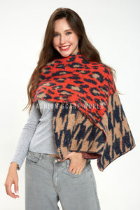 Leopard & Houndstooth Print Diagonal Edge Wool Scarf