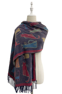 Cat Print Reversible Woven Wool Tassel Scarf