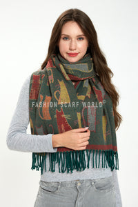 Cat Print Reversible Woven Wool Tassel Scarf