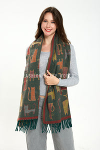 Cat Print Reversible Woven Wool Tassel Scarf