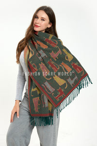 Cat Print Reversible Woven Wool Tassel Scarf