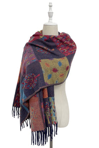 Patchwork Tree Print Reversible Woven Wool Tassel Scarf