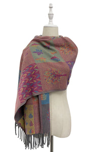 Patchwork Tree Print Reversible Woven Wool Tassel Scarf