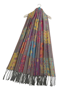 Patchwork Tree Print Reversible Woven Wool Tassel Scarf