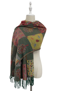 Patchwork Tree Print Reversible Woven Wool Tassel Scarf