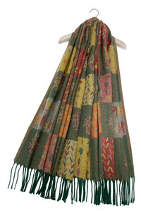 Patchwork Tree Print Reversible Woven Wool Tassel Scarf