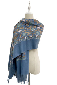 Embroidered Floral Wool Blanket Tassel Scarf