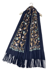 Embroidered Floral Wool Blanket Tassel Scarf