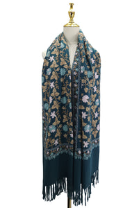 Embroidered Floral Wool Blanket Tassel Scarf