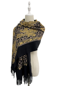 Embroidered Metallic Paisley Wool Blanket Tassel Scarf