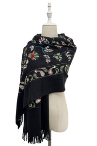 Embroidered Floral Paisley Wool Blanket Tassel Scarf