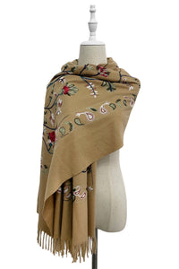 Embroidered Floral Paisley Wool Blanket Tassel Scarf