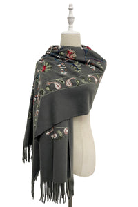 Embroidered Floral Paisley Wool Blanket Tassel Scarf