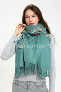 Embroidered Floral Paisley Wool Blanket Tassel Scarf