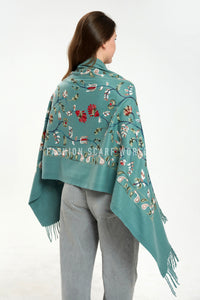 Embroidered Floral Paisley Wool Blanket Tassel Scarf