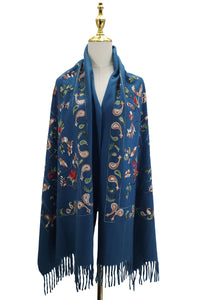 Embroidered Floral Paisley Wool Blanket Tassel Scarf