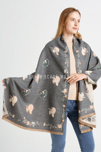 Squirrel & Floral Soft Woven Frayed Scarf