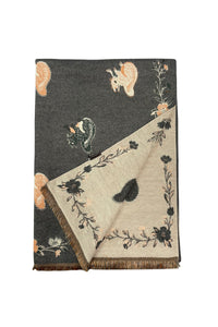 Squirrel & Floral Soft Woven Frayed Scarf