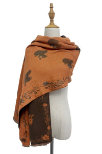 Squirrel & Floral Soft Woven Frayed Scarf