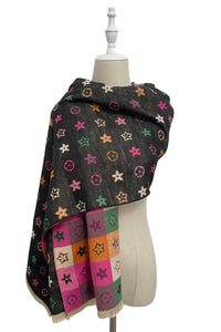 Cute Floral Print With Reversible Check Frayed Scarf