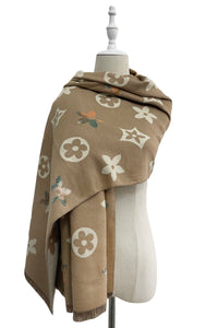 Large Floral Print Reversible Frayed Scarf