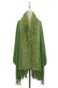 Cosy Faux Fur Trim Tasselled Shawl