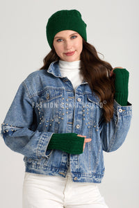 Plain Knitted Wool Hat & Fingerless Gloves Set