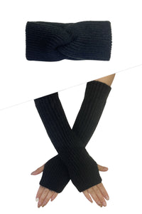 Plain Knitted Wool Headwarmer & Arm Warmer Gloves Set