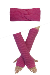 Plain Knitted Wool Headwarmer & Arm Warmer Gloves Set