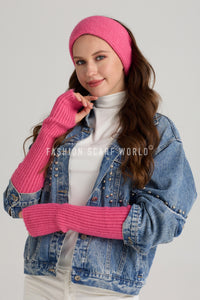 Plain Knitted Wool Headwarmer & Arm Warmer Gloves Set