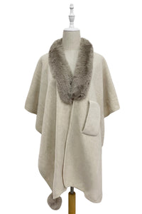 Faux Fur Trim Pull Through Wool Cape