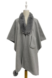 Faux Fur Trim Pull Through Wool Cape