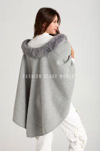 Faux Fur Trim Pull Through Wool Cape