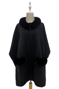 Faux Fur Trim Wool Cape With Pockets